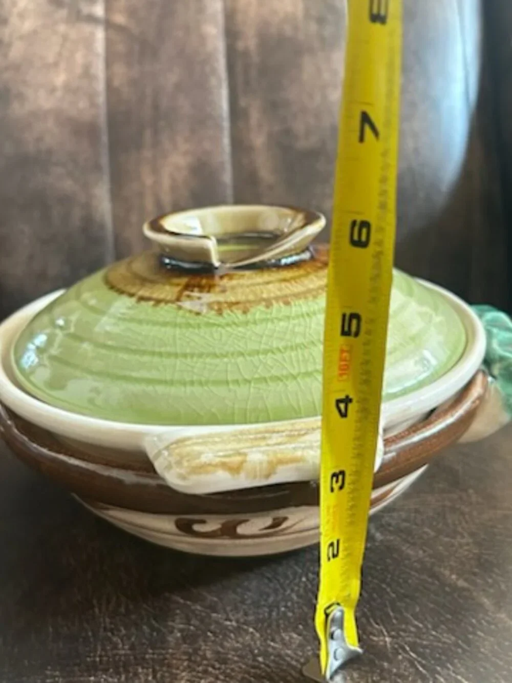 Rare Japanese Donabe Pottery Hot Pot Green-Glazed Lid Brown-Painted Ornate Base
